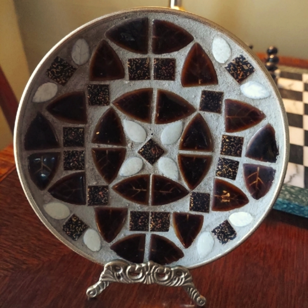 1960s MCM Ceramic Mosaic Plate 7 1/2" Brown Neutral Raw & Polished Ceramic /Gold